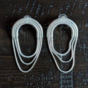 Silver Tone Drop Earrings Statement Large Modern Oval Abstract Glam Party